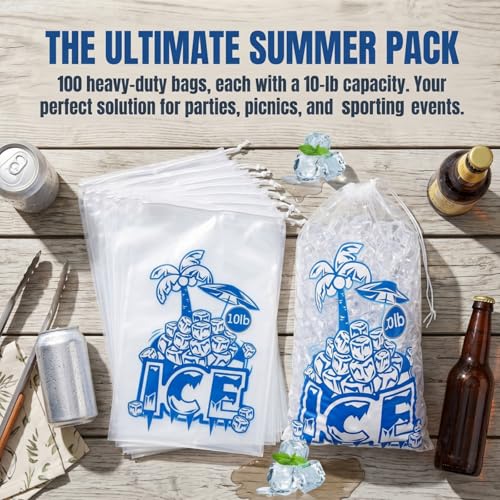 Dicunoy 100 Pieces Ice Bags 10 LB, Reusable Ice Cube Bags with Drawstring, Clear Plastic Storage Bags for Ice Machine Heavy Duty Freezer Safe for Home Party Camping