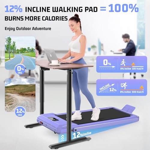 FUNMILY Upgrade Walking Pad Folding Treadmill with 12%/15% Incline & Handle Bar, 3.5HP Foldable Under Desk Compact Treadmills for Home/Office/Gym, 400+lb Capacity, Shock Absorption - color: Purple