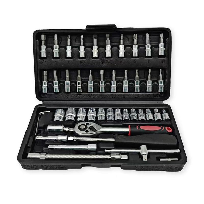 46PCS 1/4" Drive Socket Ratchet Wrench Set, Metric Bits, Extension Bar
