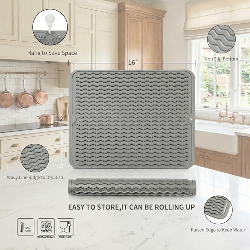 MicoYang Silicone Dish Drying Mat, Grey, 16"×12" - color: Gray, size: 16"L x 12"W