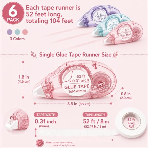 MARCADORUS Double Sided Tape Roller, Scrapbook Glue Tape 6 Pack, Extra-Long - size: 52.5 Ft x 0.31 In : 6 Pack