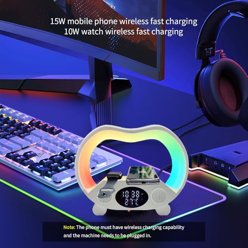 IHAO 6in1 Multi Functional Wireless Charger Bluetooth Speaker Time&Temperature Display Alarm Clock 7-Color LED Night Lights Fast Charger for Phone Apple Watch Earbuds Remote Control-White - color: Wireless Charger Alarm Clock Zs932 White
