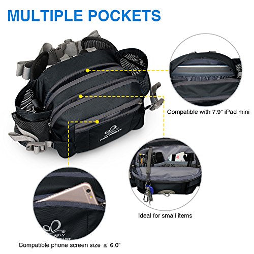 WATERFLY Fanny Pack Waist Bag: Fannie Pack 2 Water Bottle Holders Lumbar Belt Hiking Walking Running Jogging Camping Large Woman Man (Bottle Not Included) - color: Black