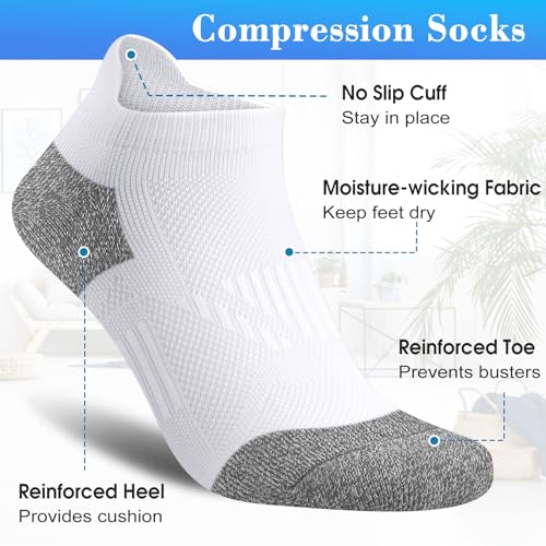 Gonii Womens Compression Ankle Socks，Athletic Running Cushioned Support Low Cut Socks 5-6 Pairs - color: White, size: 8-10