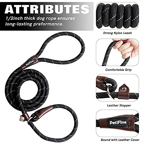 PetiFine Slip Lead Dog Leash Reflective, 6FT x 1/2" Heavy Duty Slip Leash - color: Black, size: 1/2" x 6 FT