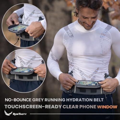 No.1 Hydration Belt by Runtasty - Premium Running Fuel Belt w/2 BPA-Free 10 oz Water Bottles, Tilt-Up Pocket w/Touchscreen-Ready Cover - Fits All iPhones, Runners Ebook & No-Bounce Design - color: Platinum Gray