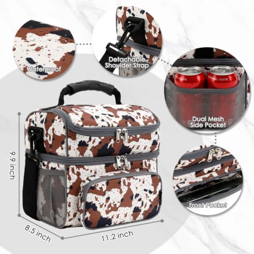 FlowFly Double Layer Cooler Insulated Lunch Bag Adult Lunch Box Large Tote Bag for Men, Women, With Adjustable Strap,Front Pocket and Dual Large Mesh Side Pockets - color: Cow