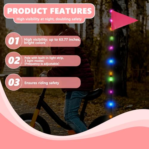 LED Bike Safety Flag Reflective 5.5 ft Lighted Bicycle Safety Flag with Heavy Duty LED Fiberglass Pole Tear-Resistant Waterproof PInk Pennant for Bike - color: Pink