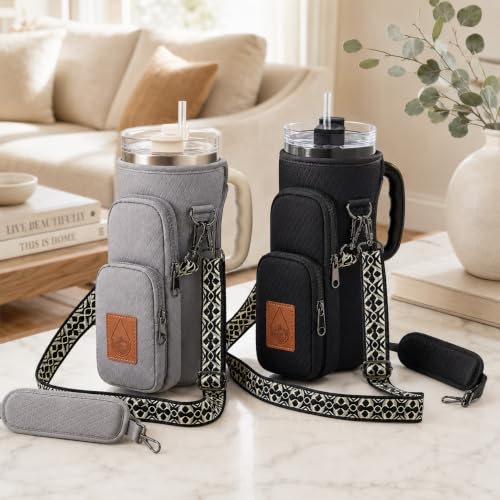 Water Bottle Holder with Strap - Crossbody Waterbottle Bag - color: Black