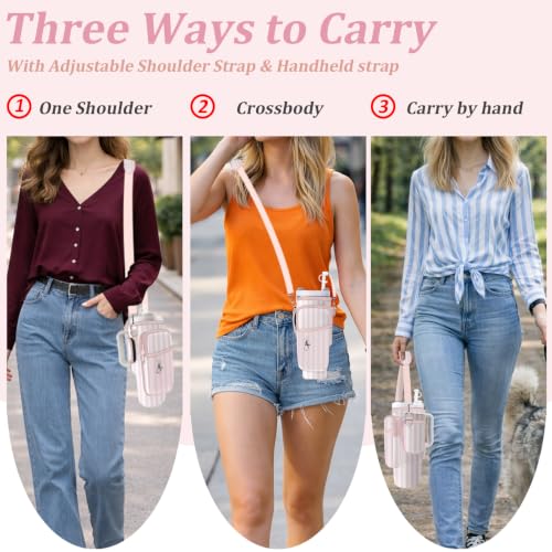 Water Bottle Carrier Bag for Stanley 40/30oz Cup Tumbler with Phone Pocket,Insulated Crossbody Water Bottle Holder with Adjustable Strap,Water Bottle Sling Pouch for Hiking Walking Camping Accessories - color: Pink Stripes