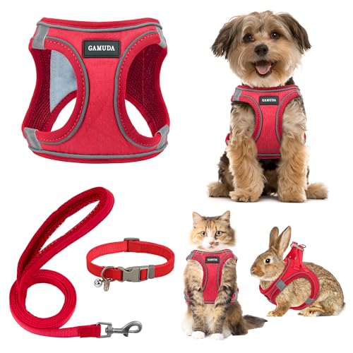 GAMUDA Small Pet Harness Collar and Leash Set, Step in No Chock No Pull Linen Fabric Soft Mesh Dog Vest Harnesses Reflective for Dogs Puppy Cats Kitten Rabbit (Red, S) - color: Red, size: Small