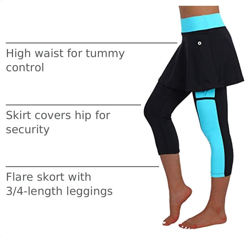 ANIVIVO Women Skirted Leggings Tennis Yoga Legging with Skirt - color: Black Sky Blue, size: XX-Large