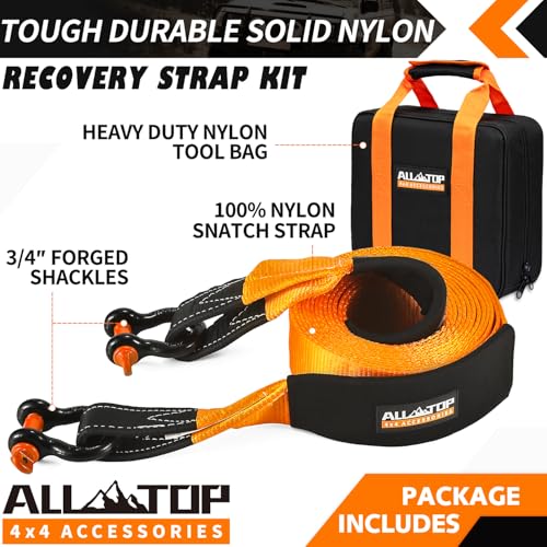 ALL-TOP Extreme Duty Tow Strap Recovery Kit: 4inch x 30ft (46,500lbs) 100% Nylon and 22% Elongation Snatch Strap + 3/4 Heavy Duty D Ring Shackles (2pcs) + Storage Bag - size: 4" x 30' Kit