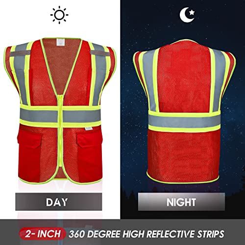 High Visibility Reflective Safety Vest with Zipper and Pockets Red,M - color: Red, size: Medium