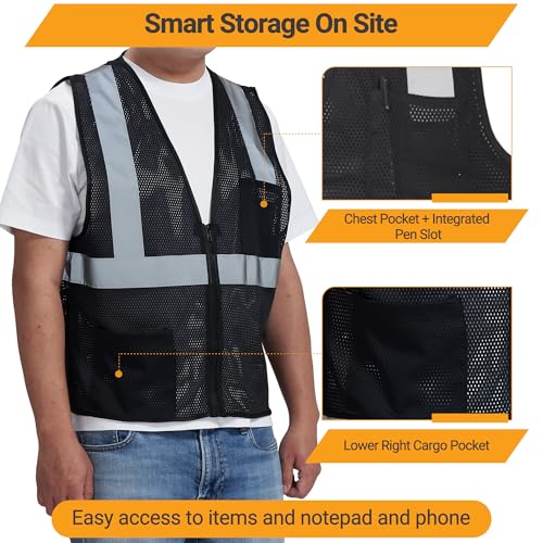 AYKRM 2 Pocket Mesh High Visibility Reflective Safety Vest for men & Women ANSI/ISEA 107 Standards - color: Black, size: 6X-Large