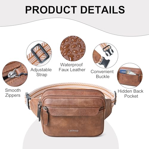 LATMAP 3L Fanny Packs for Women Cross Body Bag Vegan Leather Belt Bag Brown - color: Brown