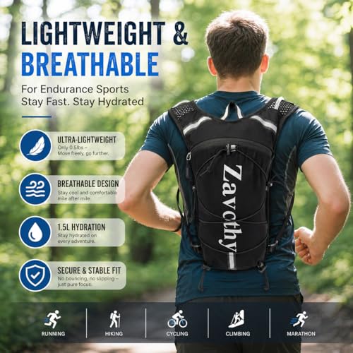 Zavothy Hydration Vest Pack with 1.5L Water Bladder, Lightweight 6L Hydration Backpack for Running, Hiking & Cycling, Breathable Reflective Hydration Vest for Men & Women - color: Black