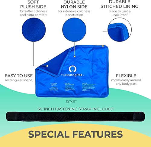 Rectangle Gel Pad for Arm, Leg, Knee, and Back - 15''x11'' Reusable Gel Ice Pack with Elastic Fastener for Hands-Free Application - Cold Packs for Post-Surgery or Sport Injuries - 1 Pack Blue - style: Rectangle Gel Ice Pack