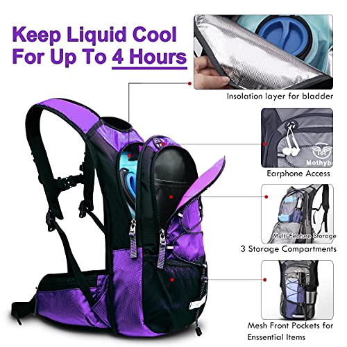 Mothybot Insulated Hydration Backpack Pack with 3L BPA Free Leak Proof Water Bladder, Large Storage Lightweight Hiking Daypack with Waist Pouches & Cooler Layer, for Running, Biking, Camping, Festival - color: Purple