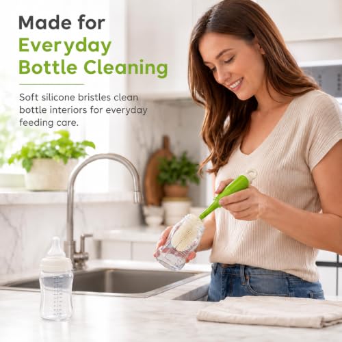 Baby Bottle Brush Set, 5 Cleaning Tools, Integrated Travel Storage, Green - color: Green & White