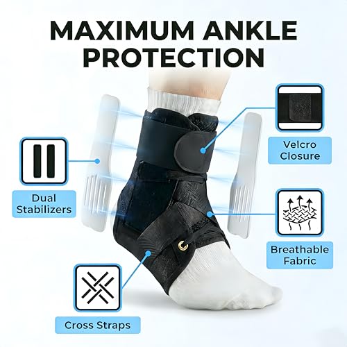 Ankle Brace for Women & Men with Side Stabilizers - No Lace, Quickly tighten and cross wrap, Air and Cool fabric, suitable for both left and right feet, Adjustable Compression Ankle Support for Sprained Ankle, Sprain Prevention, Recovery, For Running, Vol