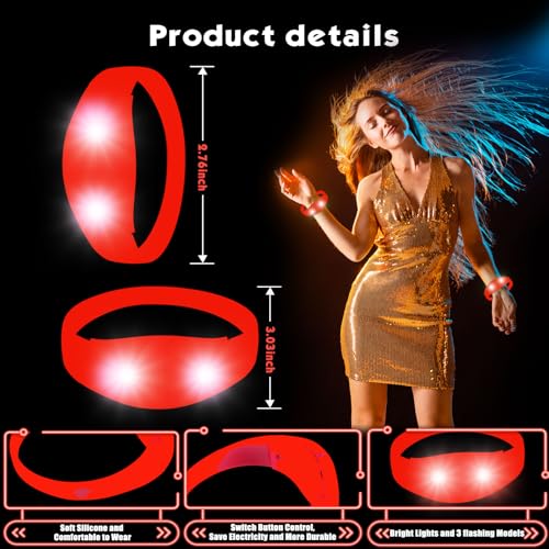 12 Pcs LED Glow Bracelets Sound Activated Flashing Light Up Bracelet for New Years Eve Glow in the Dark Party Supplies Christmas Party Favors Birthday Gift Carnival Concerts Night Events - color: Red