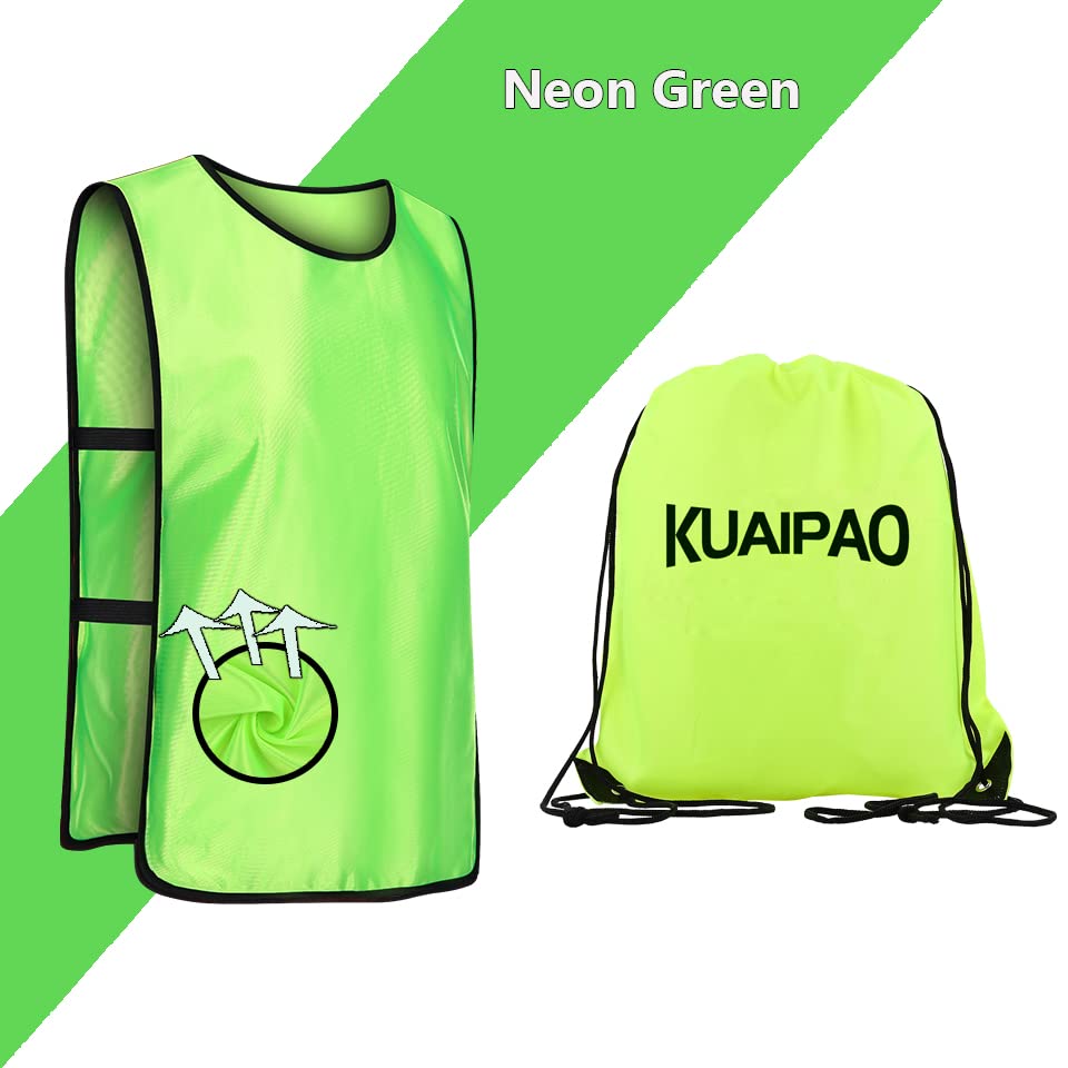 KUAIPAO 12 Pieces Soccer Pinnies Scrimmage Vest Team Practice Jerseys Sports Pinnies With Free Carry Bag - color: Neon Green, size: X-Large
