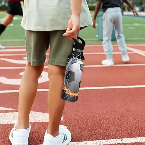 Football Fire Water Water Bottle Thermos Stainless Steel Vacuum Insulated Mouth Bottle with Wide Handle - color: Football Fire Water
