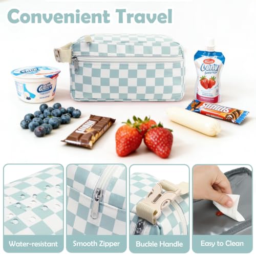 Fammart Freezable Snack Bag with Removable Ice Packs, Small Insulated Lunch Bag Mini Cooler, Leakproof Reusable Snack Lunch Box with Buckle Handle for Work, Travel, Office - Checkered Green - color: with Ice Packs - Checkered Green