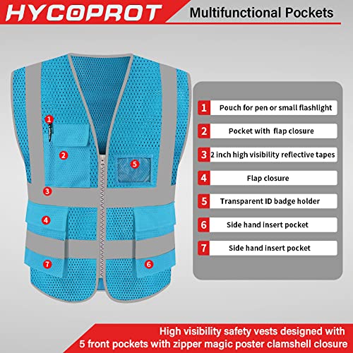 HYCOPROT High Visibility Mesh Safety Reflective Vest with Pockets and Zipper, Meets ANSI/ISEA Standards - color: Skyblue, size: Medium