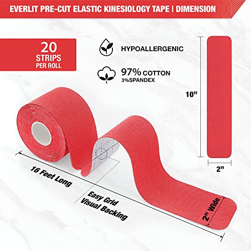 EVERLIT [4-Pack] Pre-Cut Elastic Cotton Kinesiology Therapeutic Athletic Sports Tape, for Pain Relief and Support, 80 Precut 10” Strips (Red) - color: Red