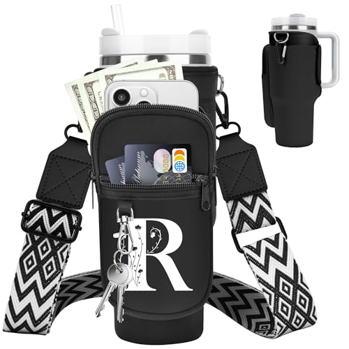 Initial Water Bottle Holder with Strap for Stanley Cup 40 oz Tumbler - color: Black, style: R