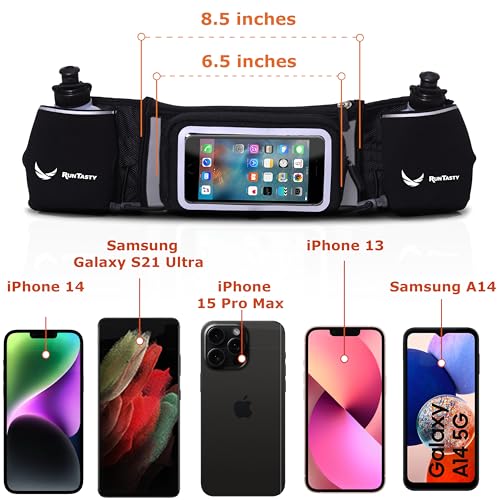 Runtasty Hydration Bundle – Running Belt w/ 2 Bottles + 2-in-1 Handheld 12 oz Bottle & Belt Add-On + Push-Pull Replacement Lids – Waterproof Pockets, Touchscreen Cover, No-Bounce Design