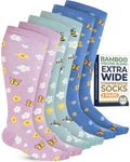 Pembrook® 3 Pairs Plus Size Compression Socks Wide Calf - Bamboo Viscose - color: Flowers & Bees - 3 Pairs, size: XX-Large