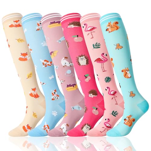 6 Pairs Compression Socks for Women Men Knee High - color: Animals, size: Small-Medium