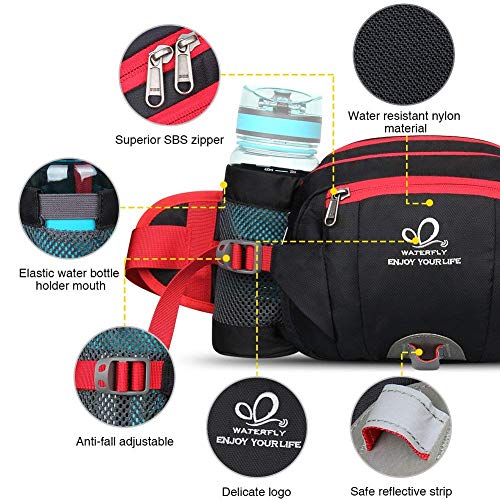 WATERFLY Fanny Pack Waist Bag: Fannie Pack 2 Water Bottle Holders Lumbar Belt Hiking Walking Running Jogging Camping Large Woman Man (Bottle Not Included) - color: Black-red