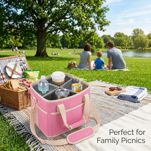 Drink Carrier Bag, 4 Compartment, Insulated Drink Carrier – Water Bottle Holder with Strap, Padded Handle Grip, Family Picnic Cooler Bag for Travel, Commute (Black) - color: Pink