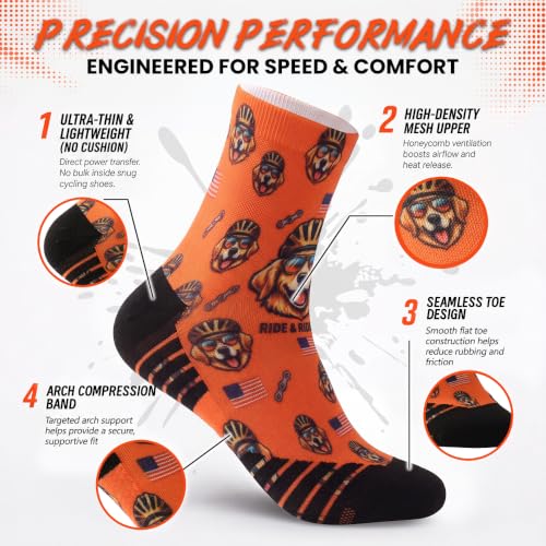 NIcool Cycling Socks For Men, 1/3 Pairs Bright Seamless Compression Running Crew Socks Youth Cushioned Tennis Quarter Socks - color: 1 Pair Bright Orange/Dog Print