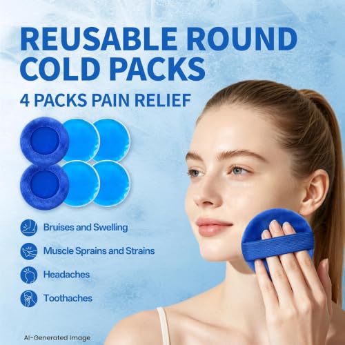 Reusable Round Soft Gel Cold Packs for Injuries, Toddler Ice Packs for Boo Boos, Small Cold Compress Ice Pack for Relieving Knee, Ankle, Tooth, Head Soreness, Muscle Strain, 4 Packs