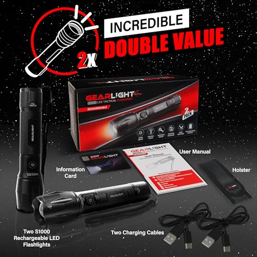 GearLight S1000 LED Tactical Flashlight - High Lumens, USB-C Fast Charging, Dual-Button, IPX4 Water-Resistant, Pocket-Sized for Camping & Emergencies with Batteries - 2 Pack, (Rechargeable) - color: Rechargeable 2 Pack