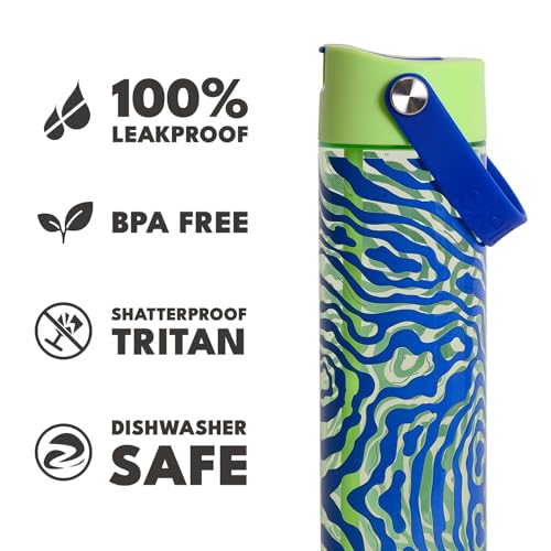 Elemental Splash 26oz Tritan Plastic Reusable Water Bottle w/Straw & Strap - color: Aqua Waves, size: 26 Ounces