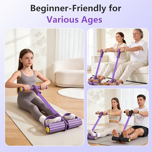 Pedal Resistance Band with Handle, 6-Tube Natural Rubber Exercise Bands - color: Purple