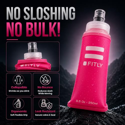 FITLY Soft Flask Running Water Bottle - Collapsible Hydration Flask - color: Pink, size: 8.5 Ounces