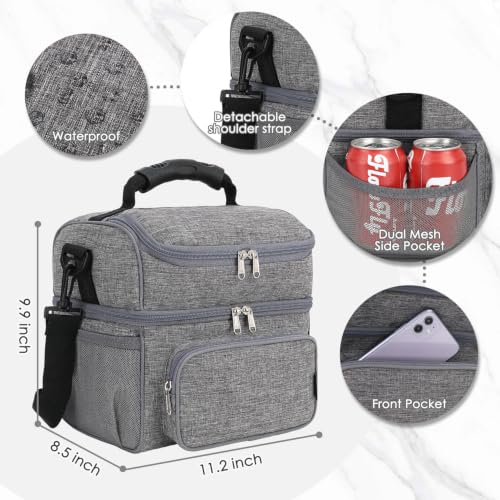 FlowFly Double Layer Cooler Insulated Lunch Bag Adult Lunch Box Large Tote Bag for Men, Women, With Adjustable Strap,Front Pocket and Dual Large Mesh Side Pockets - color: Gray
