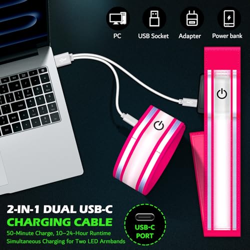 LED Armband Rechargeable for Running(2 Pack),Light Up Arm Bands for Night Walking,Running Lights for Runners,High Visibility Reflective Running Gearr for Night Safety Light Up Wristbands - size: Pink
