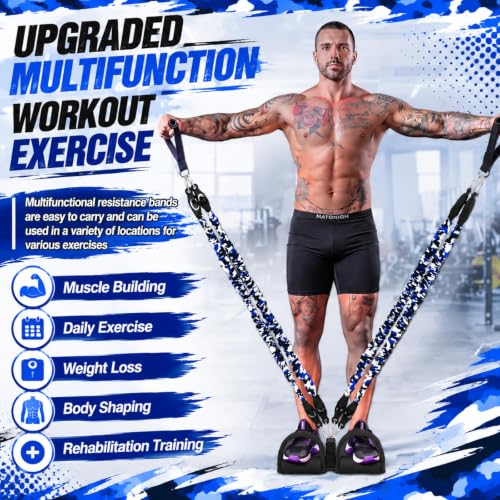 Arrowbash 4 Tube Foot Pedal Resistance Band 100lbs Adjustable Stirrup Puller Exercise Bands with Handles Ankle Cuffs Camouflage Blue Multifunction Home Gym Equipment for Men Women Full Body Workout