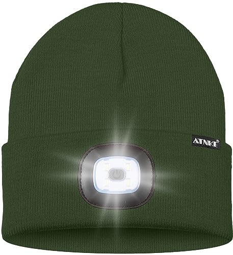 ATNKE LED Lighted Bluetooth Beanie Hat,USB Rechargeable 4 LED Wireless Music Running Headlamp Cap Gift for Men and Women - color: #Dark Army Green