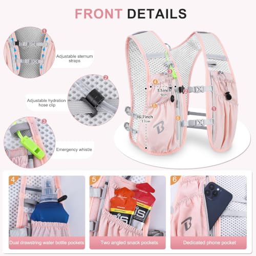 BECOJADDE Running Vest for Women Men, 5L/6L Lightweight Hydration Backpack Running Pack for Marathon, Trail, Cycling, Hiking, Jogging - color: Pink