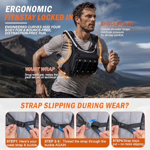 BECOJADDE Running Vest for Men with 2L Water Bladder Tactical Hydration Backpack Adjustable Lightweight Chest Pack for Marathon Hunting Cycling - color: Black