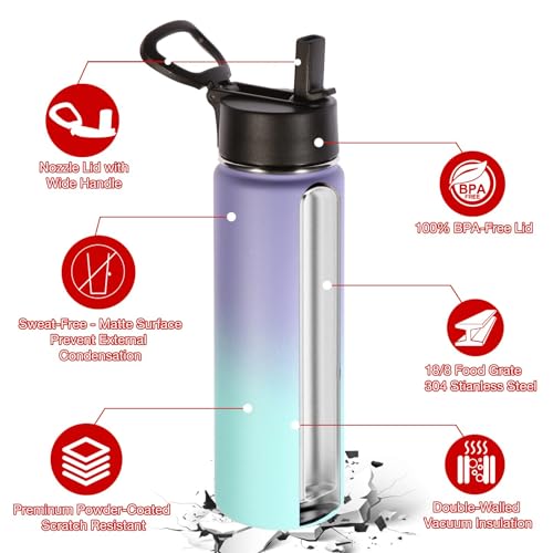 Volhoply 24oz Insulated Water Bottle with Straw Lid, Purple Blue, 1-Pack - color: Purple Blue